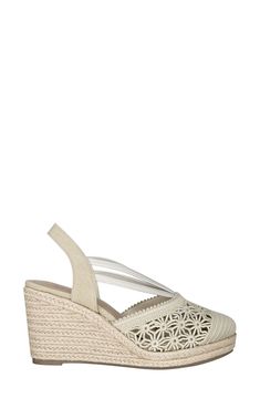 Laser-cut perforations add whimsical charm to an espadrille-inspired sandal lofted by a jute-wrapped platform and integrated wedge heel. 3" heel Memory foam cushioning Slip-resistant sole Textile upper and lining/synthetic sole Imported Spring Cream Closed Toe Slingback Sandals, Beige Slingback Wedge Sandals For Summer, Beige Wedge Heel Slingback Sandals For Spring, Beige Wedge Heel Slingback Sandals For Summer, Cream Wedge Sandals With Heel Strap For Spring, Spring Cream Closed Toe Wedge Sandals, White Straw Summer Heels, Beach Cream Wedge Sandals With Heel Strap, Cream Wedge Sandals With Heel Strap For Beach