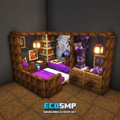 an image of a bedroom in the style of minecraft with purple furniture and decor