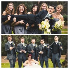 the bride and groom are posing for pictures with their bridal party