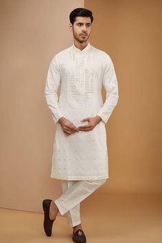 White full sleeve kurta with mirror embroidery in stripe pattern. Paired with mexican pant. - Aza Fashions Full Sleeve Kurta, Embroidery Mirror, Mirror Embroidery, Kurta Set For Men, Silk Embroidery, Kurta Set, Cotton Silk, Aza Fashion, Full Sleeve