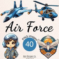 an air force poster with four different types of planes and people in pilot's gear