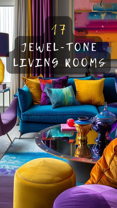 a living room filled with lots of colorful furniture and decorating items on top of a glass table