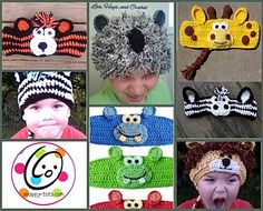 many different knitted hats with animals on them