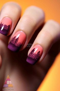 Dreamy pink and purple ombre with tree silhouettes - creative pink summer nail designs to recreate. Discover more at nailhow.com Nail Prices