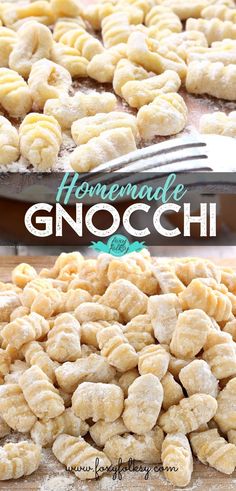 homemade gnocchi recipe on a wooden cutting board with a fork in the background