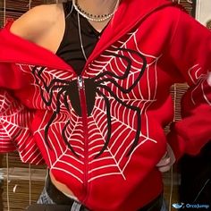 Orcajump - Y2K Spider Print Zip Up Hoodie, Long Sleeve Hoodies Sweatshirt, Women's Clothing Spiderman Sweatshirt, Spiderman Stuff, Cute Couples Costumes, Pinterest Wardrobe, Grunge Fits, Makeup Easy, Cute Dress Outfits, Clothing Designs, Y2k Clothing