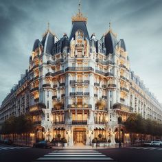 an ornate building is lit up at night