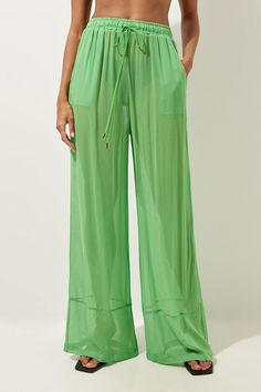 Feel Summer Ready In A Pair Of Beach Trousers, With Lightweight Fabric Perfect For Sunny Days, And A Relaxed Fit Ideal For Laidback Days By The Pool. This Piece Can Easily Be Styled With A Crop Top Or A Bikini And Strappy Sandals For A Holiday Outfit That Goes Seamlessly From Day To Night. Wide Leg Woven Beach Trousers Statement, Ultra Wide Leg Fit Comfortable High Waistline Statement Sheer Fabric Drawstring Waistband Pocket Features Green Wide Leg Pants For Beach Season, Green Pants With Elastic Waistband For Beach Season, Green Spring Beach Pants, Green Summer Pants With Elastic Waistband, Green Wide-leg Beach Pants, Green Summer Pants For Vacation, Green Beachwear Pants For The Beach, Green Beachwear Pants For Beach, Green Summer Trousers