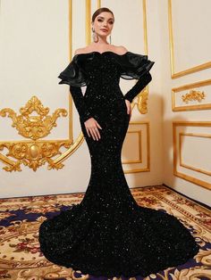 Fancy Black Dresses Long, Black Dresses Long, Sequin Mermaid Dress, Wedding Guest Gowns, Dream Prom Dress, Wedding Dresses For Kids, Dream Prom, Wedding Dress Sequin, Sequin Wedding