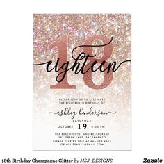 a pink glitter birthday party card with the number eighteen on it