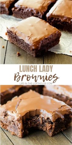 chocolate brownies with peanut butter frosting on top and the words, lunch lady browne