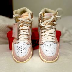 Air Jordan 1 Retro High Og Style: Fd2596-600 Colors: Atmosphere/Muslin/Sail/White *Never Worn *New W/Box Custom Cream Lace-up Sneakers With Boost Midsole, Cream Mid-top Custom Sneakers With Boost Midsole, Custom Cream High-top Sneakers With Laces, Cream High-top Custom Sneakers With Laces, Brown Jordan 1, Jordan Retro 1 Low, Air Jordan Retro 8, Jordan 4 White, Jordan Retro 12