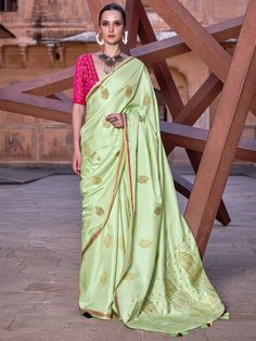 Add a touch of elegance and style to your wardrobe with this stunning pista green saree. Crafted with the utmost precision, this saree is perfect for weddings, receptions, festivals, and any other special occasions.
Made from high-quality satin material, it features exquisite zari weaving work, adding a touch of glamour and sophistication.
The saree measures 5.50 meters in length and comes with an unstitched blouse material in a contrasting satin material. This allows you to customize the blouse Green Contrast Color, Satin Silk Saree, Combination Dresses, Green Color Combinations, Colored Weave, Pista Green, Sea Green Color, Party Sarees, Silk Saree Blouse