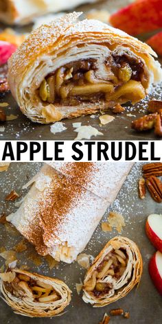 an apple strudel is cut in half and placed on a baking sheet with pecans