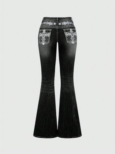 Y2K Vintage Flare Jeans For Women, Pocket Cross Wing Embroidery Slim Fit Bell Bottom Denim Pants Black Casual   Denim Colorblock,Floral,All Over Print,Textured Pattern Flare Leg High Stretch  Women Clothing, size features are:Bust: ,Length: ,Sleeve Length: Flare Jeans With Diamonds, Flare Jeans With Designs, Latina Pants, Bellbottom Pants Outfits, Mexican Jeans, Low Rise Flare Jeans Outfit, Flaired Jeans, 2000s Pants, Y2k Flare Jeans