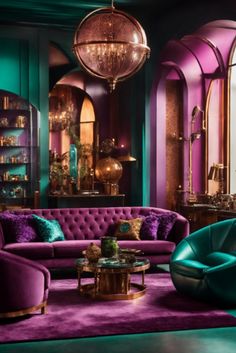 a living room with purple and green furniture in the center, chandelier hanging from the ceiling