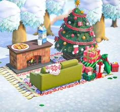 an animated christmas tree with presents around it and gifts on the ground in front of a fireplace