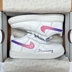 ** CUSTOM PAINTED AIR FORCE 1'S ** - Name and date customs with an ombré Nike tick, painted on white Air Force 1's - Can be done in any colours, message me with the two colours you would like on your customs when you have ordered.  - Hand painted and sealed with Angelus leather paints.  - 100% authentic Nike Air Force 1's. - Customs are made to order so please allow time for me to order the shoes, paint them and ship them to you.  - No returns - This design can be done on any size shoe, message Painted Air Force 1, Nike Tick, White Air Force 1, White Air Forces, Nike Air Force 1s, Air Force 1s, Custom Air Force 1, Leather Paint, Custom Nikes