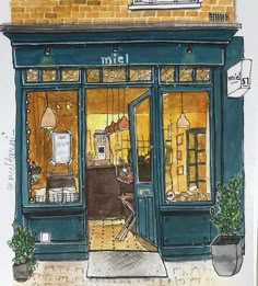 a drawing of a store front with an open door and potted plants in the window