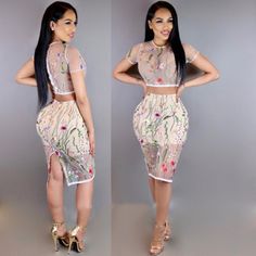 This sexy but sweet two-piece floral mesh skirt set is EVERYTHING! Featuring a sheer floral embroidered cropped top with a fitted skirt that has a built in mini-slip with floral mesh overlay, falling just below the knees with a rear split. This set pairs perfectly with heels or sandals for a sophisticated sexy look. Made with a polyester and mesh blend for comfort and style. Chic Summer Sets With Floral Embroidery, Spring Fitted Two-piece Sets, Spring Mesh Fitted Skirt, Spring Party Mesh Skirt, Spring Sheer Lace Mesh Dress, Spring Two-piece Party Skirt, Sheer Mini Skirt For Summer, Two-piece Skirt For Spring Party, Sheer Lace Mesh Dress For Spring