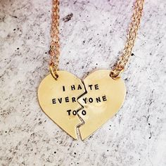 I HATE EVERYONE TOO Broken Heart Friendship Necklaces-Rockaway Gypsea Heart Pendant Jewelry Charms For Best Friend Gift, Hand Stamped Heart Jewelry For Friendship, Heart-shaped Meaningful Necklace For Best Friend, Personalized Meaningful Charm Necklaces For Friendship, Meaningful Sterling Silver Jewelry For Best Friend, Meaningful Engraved Charm Necklace For Best Friend, Engraved Meaningful Charm Necklace For Best Friend, Inspirational Jewelry For Best Friend On Valentine's Day, Inspirational Gold Heart Jewelry