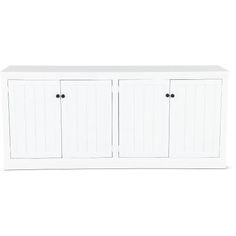 a white cabinet with three doors and two drawers