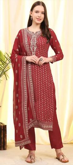 Red and Maroon color Salwar Kameez in Georgette fabric with Embroidered, Zari work Red Resham Embroidered Kurta For Reception, Red Semi-stitched Salwar Kameez With Cutdana, Red Resham Embroidery Kurta For Reception, Red Reception Kurta With Resham Embroidery, Semi-stitched Red Salwar Kameez With Cutdana, Red Kurta With Resham Embroidery For Reception, Red Georgette Churidar With Cutdana, Red Kurta With Dabka Work For Reception, Red Churidar For Diwali Reception