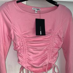 Fashion Nova Pink Ruched Crop Top Brand New With Tag On Long Sleeve Tops With Drawstring For Day Out, Fitted Pink Tops With Drawstring, Fitted Pink Top With Drawstring, Fitted Pink Crop Top From Urban Outfitters, Pink Long Sleeve Top With Drawstring, Fitted Pink Y2k Crop Top, Fitted Pink Crop Top By Urban Outfitters, Pink Cropped T-shirt For Streetwear, Black Mesh Crop Top