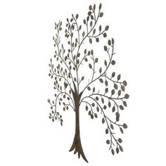 a metal tree with lots of leaves hanging from it's trunk, on a white background