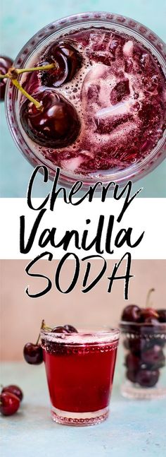 cherry vanilla sopa cocktail in a glass with cherries on the side