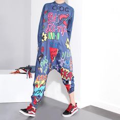 Graffiti Denim Harem Jumpsuit – whimsyandever Casual Multicolor Overalls For Spring, Casual Graphic Print Jumpsuits And Rompers For Summer, Casual Summer Jumpsuits And Rompers With Graphic Print, Casual Multicolor Jumpsuits And Rompers For Fall, Casual Blue Stretch Overalls, Printed Blue Cotton Jumpsuit And Romper, Blue Printed Cotton Jumpsuits And Rompers, Fitted Denim Jumpsuit For Spring Streetwear, Casual Multicolor Overall Jumpsuits And Rompers