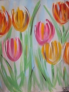 a painting of tulips on a canvas with green stems and pink flowers in the background