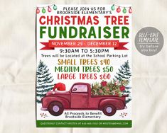 a christmas tree fundraiser flyer with an old red truck and santa's sleigh