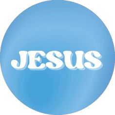 the word jesus in white letters on a light blue background with an oval shaped balloon