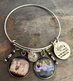 "Mom bracelets feature your favorite photo, Mom saying engraved in stainless steel, matching beads, and your choice of rhinestone color. Options to add more photos and rhinestones are available at checkout. These make great gifts!! INCLUDES: - Photo Charm - Saying as shown - Rhinestone (your choice of color) - Matching Beads Bracelets are made of stainless steel and come in 3 sizes: - Large 2.6\" (larger wrists/hands) - Average 2.4\" (fits most) - Child 2.0\" (elementary school age or tiny wrist Adjustable Stainless Steel Charm Bracelet For Personalized Gift, Friendship Stainless Steel Charm Bracelet, Customizable Adjustable Stainless Steel Charm Bracelet, Stainless Steel Charm Bracelet For Friendship, Stainless Steel Round Charm Bracelet For Friendship, Adjustable Stainless Steel Keepsake Jewelry, Personalized Round Bracelets For Keepsake, Customized Stainless Steel Charm Bracelet As Personalized Gift, Stainless Steel Bangle Beaded Bracelets For Gift