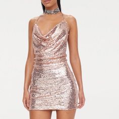 Sequin Gold Tie Dress. I Bought This For A Formal Before Having To Cancel My Card Not Allowing Me To Return. Never Worn. Mine Is A Us 6, Model Wears A Us 4 Feminine Mini Dress With Spaghetti Straps For Party, Feminine Party Mini Dress With Spaghetti Straps, Elegant Mini Dress With Spaghetti Straps For Holiday Party, Fitted Backless Dress For Holiday Party, Chic Spaghetti Strap Mini Dress For Holiday Party, Dressy Fitted Mini Sequin Dress, Mini Dress For Holiday Party, Glamorous V-neck Mini Dress For Casual Occasions, Chic Backless Mini Dress For Holiday Party