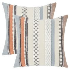 two pillows with different colors and patterns on the front, one in grey, one in orange