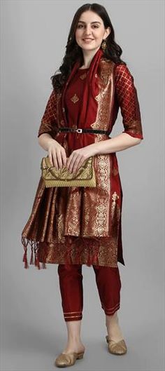 Red and Maroon color Salwar Kameez in Jacquard fabric with Weaving, Zari work Red Straight Kurta Churidar For Formal Occasions, Formal Red Churidar With Straight Kurta, Formal Red Straight Kurta Churidar, Formal Red Chanderi Kurta, Formal Red Salwar Kameez With Straight Kurta, Red Formal Salwar Kameez For Festive Occasions, Formal Red Straight Kurta Salwar Kameez, Red Straight Kurta Churidar In Jamawar, Red Brocade Kurta For Festive Occasions