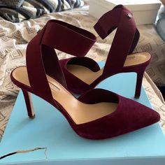 These Brand New Heels Are Perfect To Wear For The Holiday Season. They Are A Very Pretty Burgundy Color And The Heel Is 3 Inches. Office Heels With Heel Strap In Suede, Office Suede Heels With Heel Strap, Suede Heels With Heel Strap And Almond Toe, Suede Almond Toe Heels With Heel Strap, Suede Almond Toe Heels With Wrapped Heel, Suede Heels With Wrapped Heel And Almond Toe, Pointed Toe Suede Heels With Heel Loop, Pointed Toe Suede Heels With Heel Strap, Black And Silver Heels