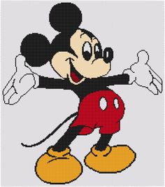 a mickey mouse cross stitch pattern in red and black with yellow feet, on a white background