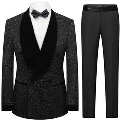 Attract attention at your upcoming formal occasion in style by donning our men's two-piece smoking suit in starry black. This fashionable ensemble effortlessly blends timeless sophistication with an element of heavenly allure. Improve your sense of style and radiate with luminosity. Elegant Winter Night Out Sets, Elegant Winter Sets For Night Out, Tailored Black Suit For Party, Black Tailored Party Suit, Black Double Breasted Suit For Party With Suit Collar, Black Double Breasted Suit For Party, Black Double-breasted Suit With Suit Collar For Party, Party Blazer With Suit Collar, Tailored Long Sleeve Blazer For Party Season