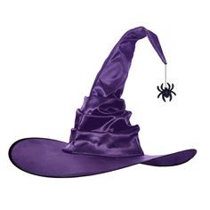 a purple witches hat with a spider hanging from it