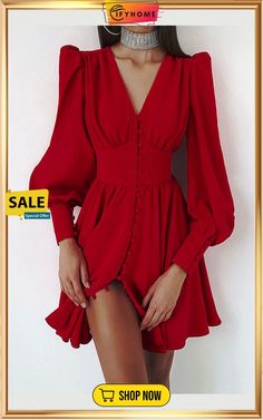 Cuff Buff Long Sleeve Button Dress Court Dresses, Night Club Dress, French Dress, Dress Party Night, Red Dress Women, High Waist Dress, Dresses Elegant, Long Puff Sleeves, Button Dress