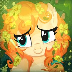 an image of a cute little pony with flowers in her hair and stars around it