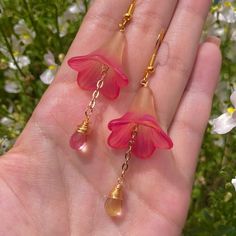 Flower Drop Gold Plated Earrings - Etsy Unique Pink Flower Earrings As Gift, Unique Pink Flower Earrings For Gifts, Pink Gold Flower Earrings As Gift, Pink Gold Flower Earrings For Gifts, Pink Dangle Flower Earrings For Mother's Day, Handmade Pink Teardrop Flower Earrings, Pink Birth Flower Drop Earrings, Pink Teardrop Earrings For Gift, Handmade Pink Petal Flower Earrings