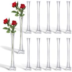 there are six tall vases with roses in them on the same side, and one is empty