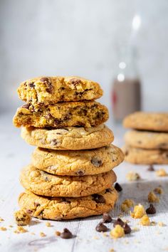 Five chocolate chip cookies without brown sugar stacked on top of each other. Chocolate Chip Cookies Recipe No Brown Sugar, Chocolate Chip Cookies Brown Sugar, Brown Butter Chocolate Chip Cookies In Fine Taste, Craving Chocolate, The United States Of America