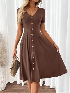 Women's Elegant V-Neck Short Sleeve  A-Line Dress Coffee Brown Casual  Short Sleeve Knitted Fabric Plain A Line Medium Stretch  Women Clothing, size features are:Bust: ,Length: ,Sleeve Length: Short Fall Dresses, Sixth Form, Long Dress Casual, Jeans Casual, Short Dresses Casual, Women Legs, Harajuku Fashion, Knee Length Dresses, Womens Midi Dresses