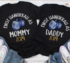 Getting ready for Hanukkah? These matching family 1st mommy and daddy Hanukkah shirts are perfect for you. These sweet shirts will be the hit of the holidays and make for some cute holiday pictures. We bet you are already figuring out how many you need. THIS LISTING IS FOR THE FESTIVE SHIRTS ONLY. Premium UNISEX T Shirt - Gildan 64000 - Durable, soft, and printed using high quality techniques that will leave you with a lasting products. All adult sizes are this brand shirt. Bella Canvas and Baby Sweet Shirts, Hanukkah Shirts, Papa Shirts, Sweet Shirt, Festival Shirts, Holiday Pictures, Family First, Branded Shirts, Family Matching