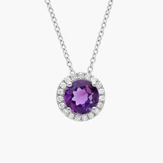 Capture your ray of starlight when layering on this striking 14k white gold pendant necklace. Its perfectly round amethyst baths in the light of a white diamond halo creating a beautiful interplay of sparkle and color. Purple Prong Setting Formal Necklaces, Luxury White Gold Amethyst Necklace, Formal Amethyst Round Pendant Necklace, White Gold Amethyst Necklace For Formal Occasions, Formal White Gold Amethyst Necklace, White Gold Amethyst Birthstone Necklace, Elegant Purple Round Birthstone Necklace, White Gold Diamond Necklace With Round Gemstone Pendant, Timeless Round Purple Jewelry